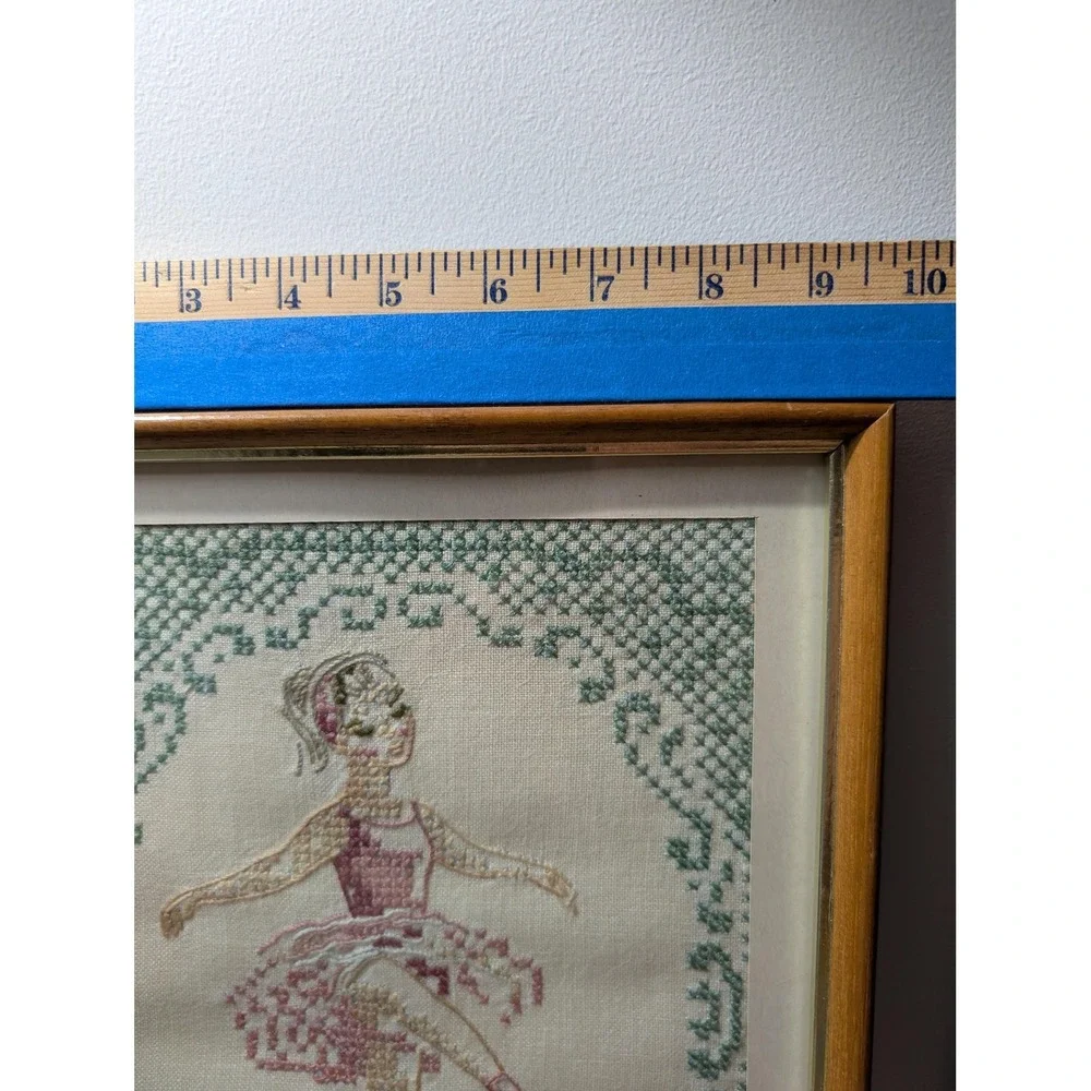 1968‎ Vintage toe point ballerina hand-stitched on linen in frame